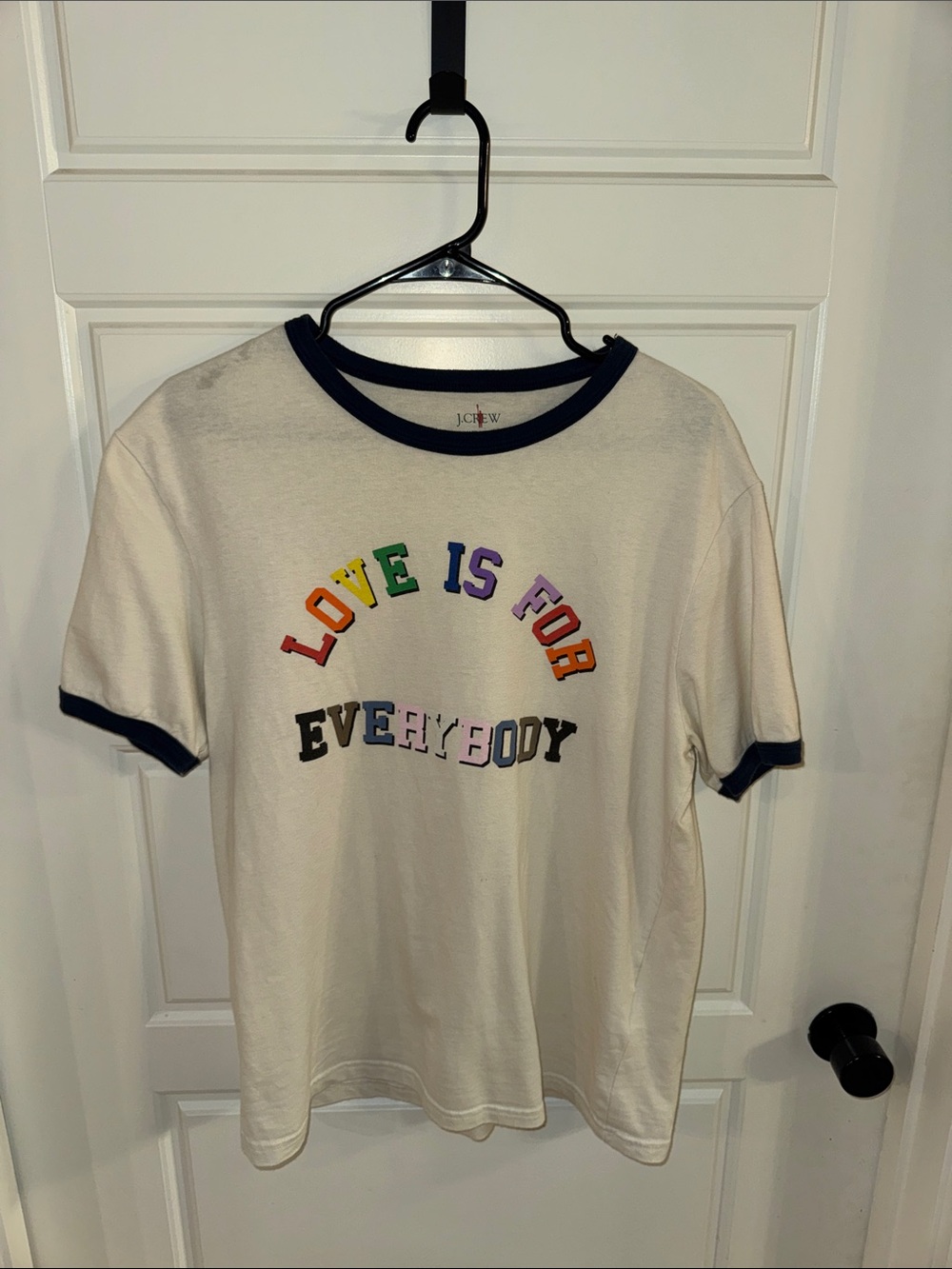 J. Crew Cream Ringer Tee with Rainbow 'Love Is For Everybody'